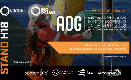 Promotional poster for Vertech and Geo Oceans exhibiting at the Australasian Oil & Gas Exhibition & Conference from March 14-16, 2018, at the Perth Convention Exhibition Centre. The poster features an image of a rope access technician in action, with event details and logos of partner companies Sonomatic, Electrical & Engineering, TSC, and Autonomous Technology.